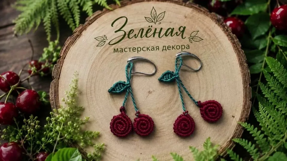 Пара серёг в форме красных вишен с бирюзовыми листьями и подвесами.
