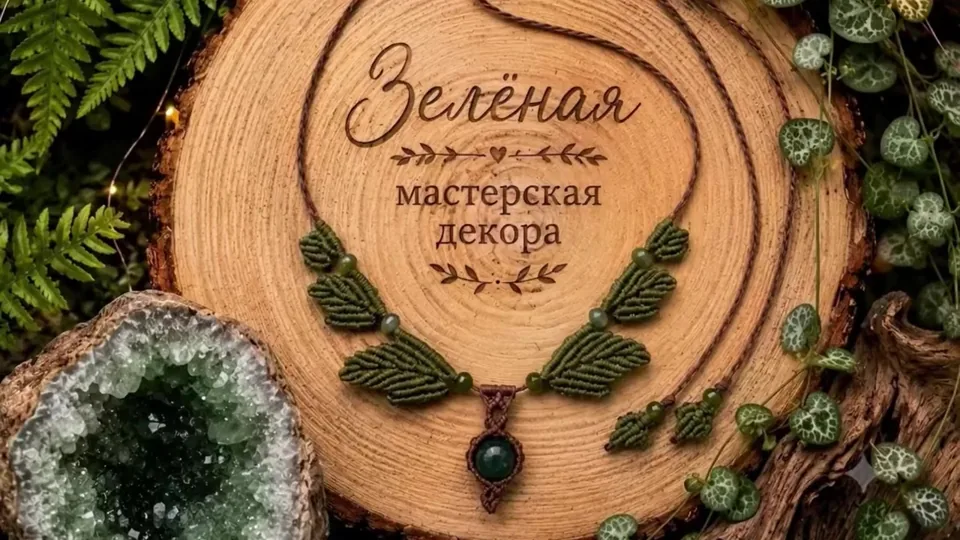 Чокер из зелёных и коричневых нитей с листовидными деталями на концах, небольшими бусинами и круглым тёмным центральным элементом.